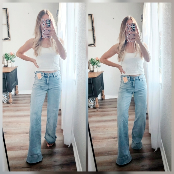 Risen High Rise Tummy Control Light Wash Wide Leg Cuffed Denim Jeans Various NEW - Picture 16 of 17